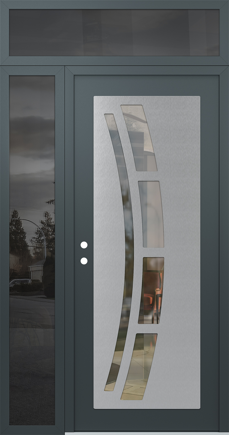 Modern Steel Front Door Diamond C12 50" x 96" anthracite/anthracite clear Glass Panel stainless steel RHI with Sidelite and Transom mirrored Glass