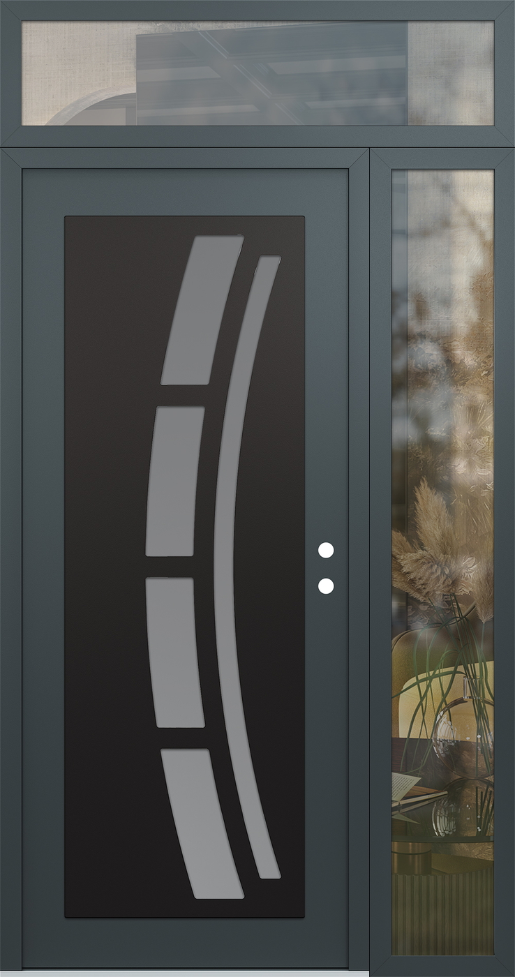 Modern Steel Front Door Diamond C12 50" x 96" anthracite/anthracite frosted Glass Panel black LHI with Sidelite and Transom clear Glass
