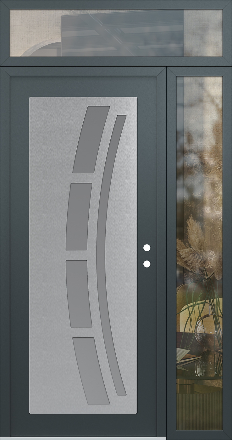 Modern Steel Front Door Diamond C12 50" x 96" anthracite/anthracite frosted Glass Panel stainless steel LHI with Sidelite and Transom clear Glass