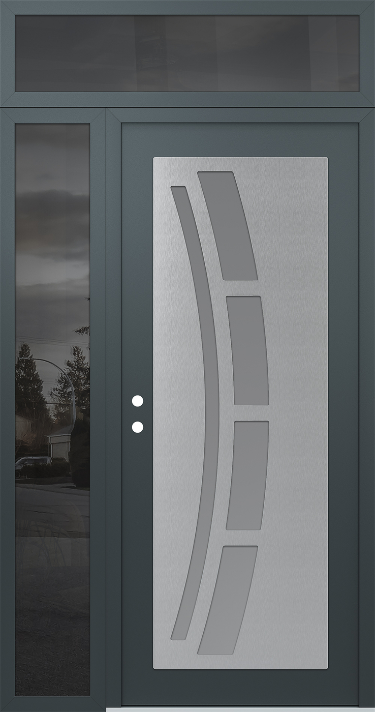 Modern Steel Front Door Diamond C12 50" x 96" anthracite/anthracite frosted Glass Panel stainless steel RHI with Sidelite and Transom mirrored Glass