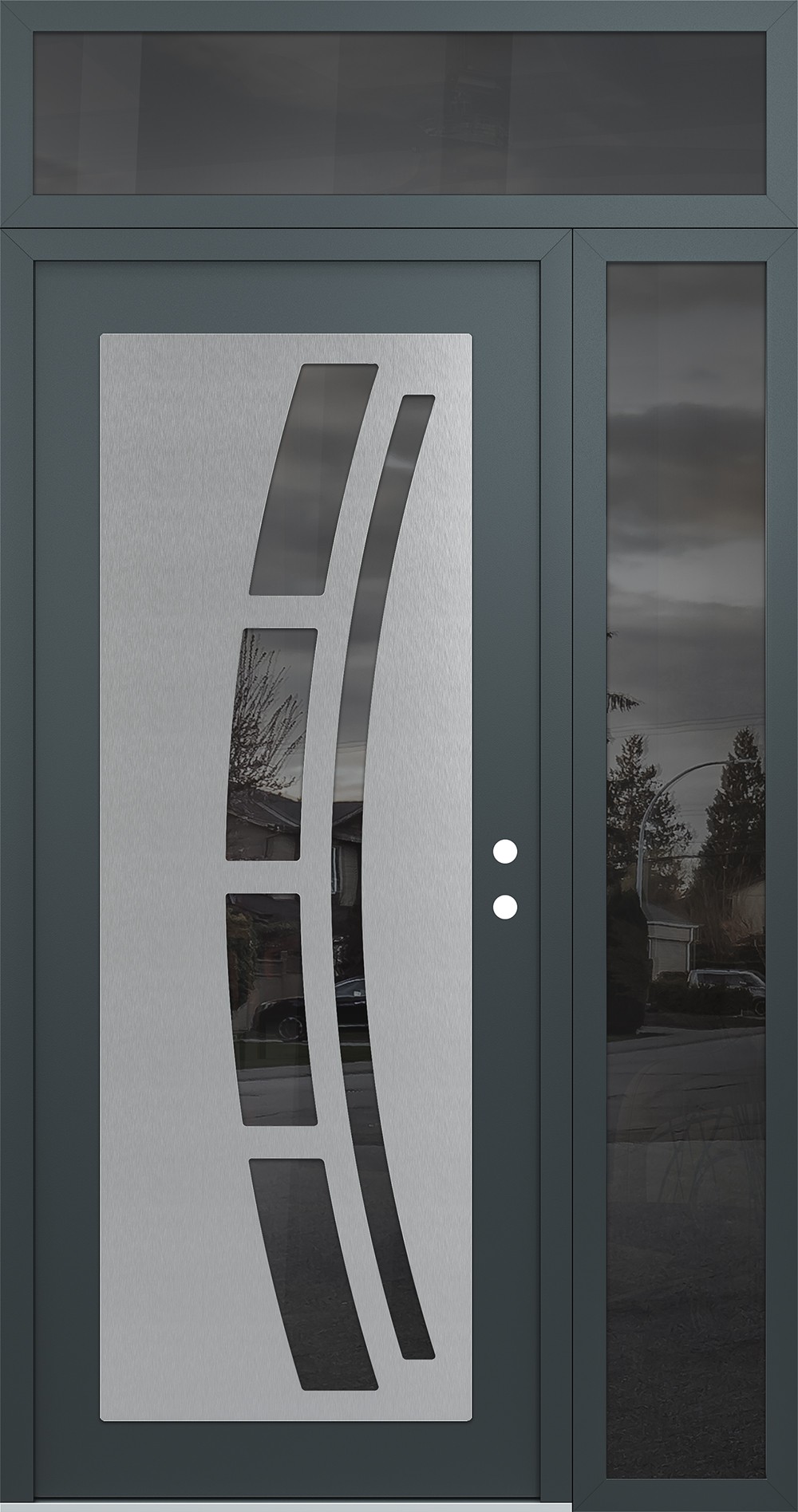 Modern Steel Front Door Diamond C12 50" x 96" anthracite/anthracite mirrored Glass Panel stainless steel LHI with Sidelite and Transom mirrored Glass