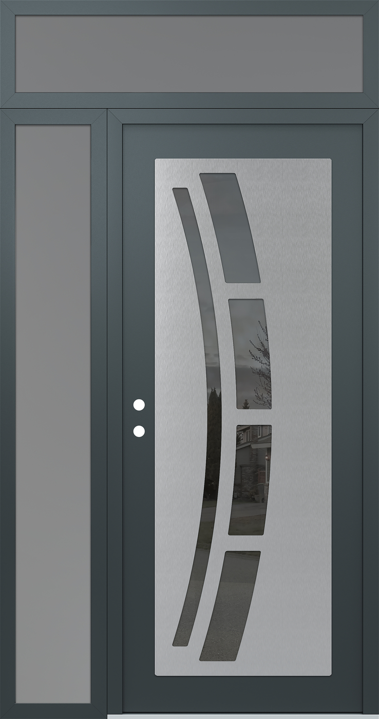 Modern Steel Front Door Diamond C12 50" x 96" anthracite/anthracite mirrored Glass Panel stainless steel RHI with Sidelite and Transom frosted Glass