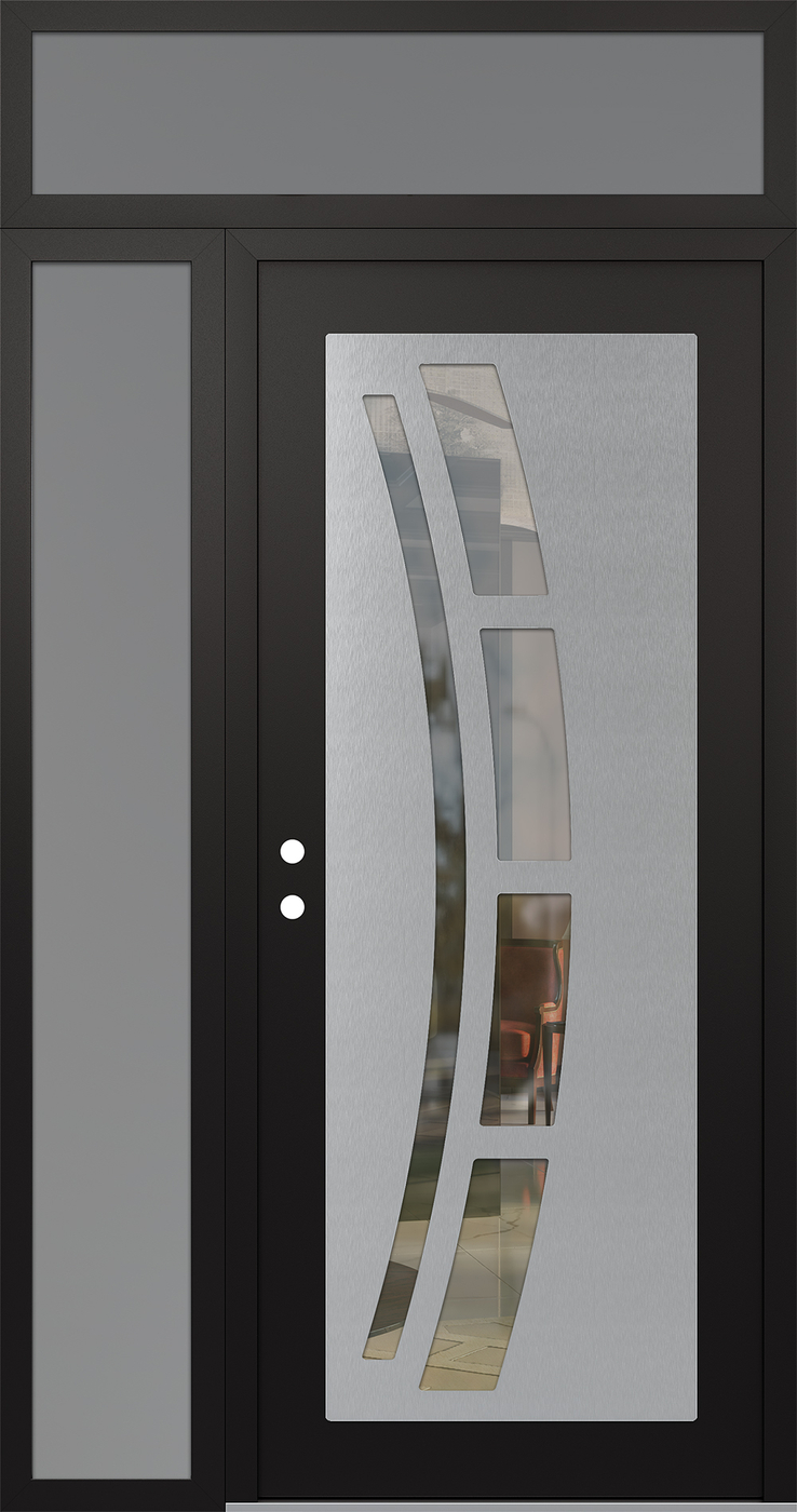 Modern Steel Front Door Diamond C12 50" x 96" black/black clear Glass Panel stainless steel RHI with Sidelite and Transom frosted Glass