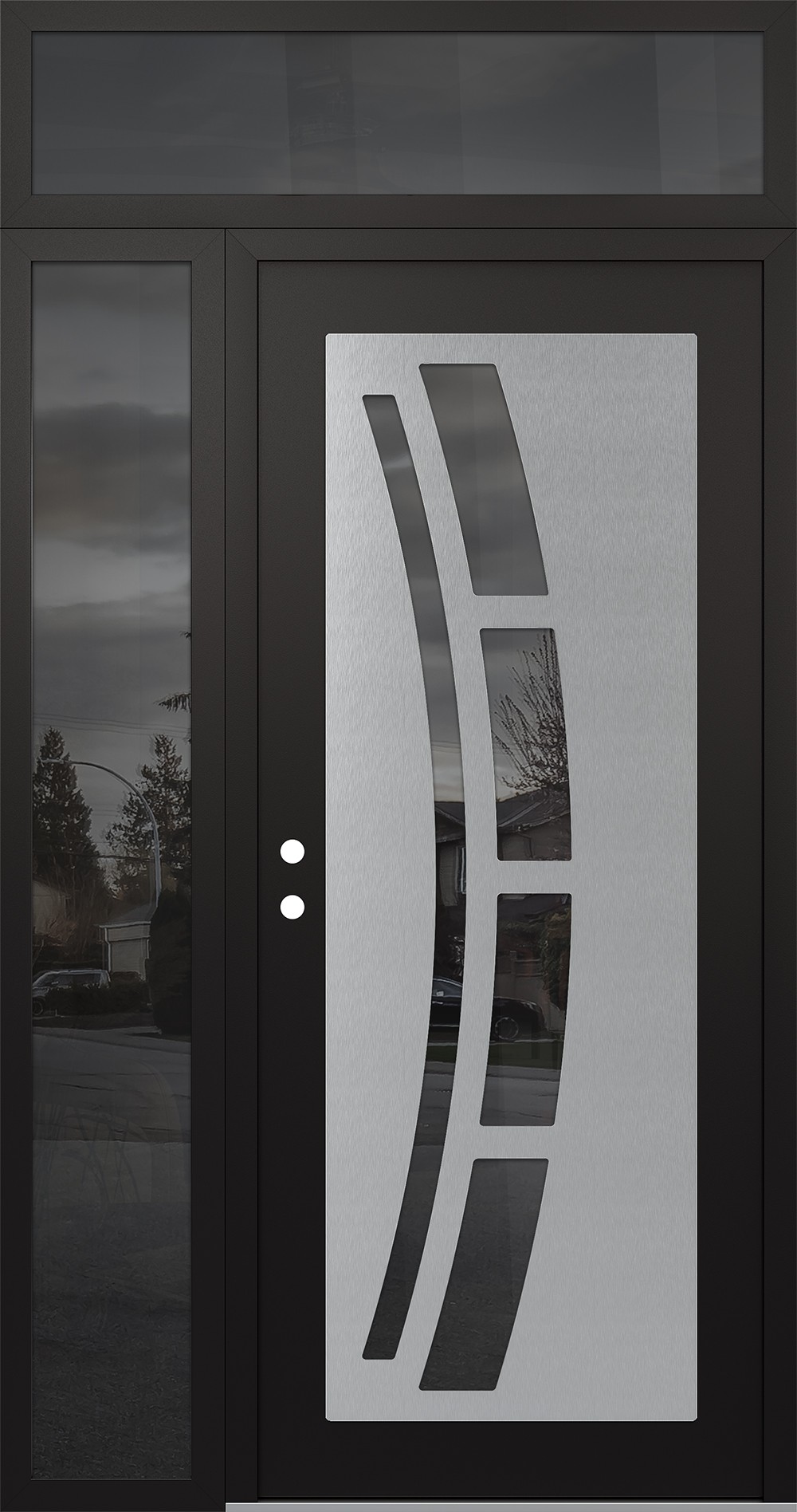 Modern Steel Front Door Diamond C12 50" x 96" black/black mirrored Glass Panel stainless steel RHI with Sidelite and Transom mirrored Glass