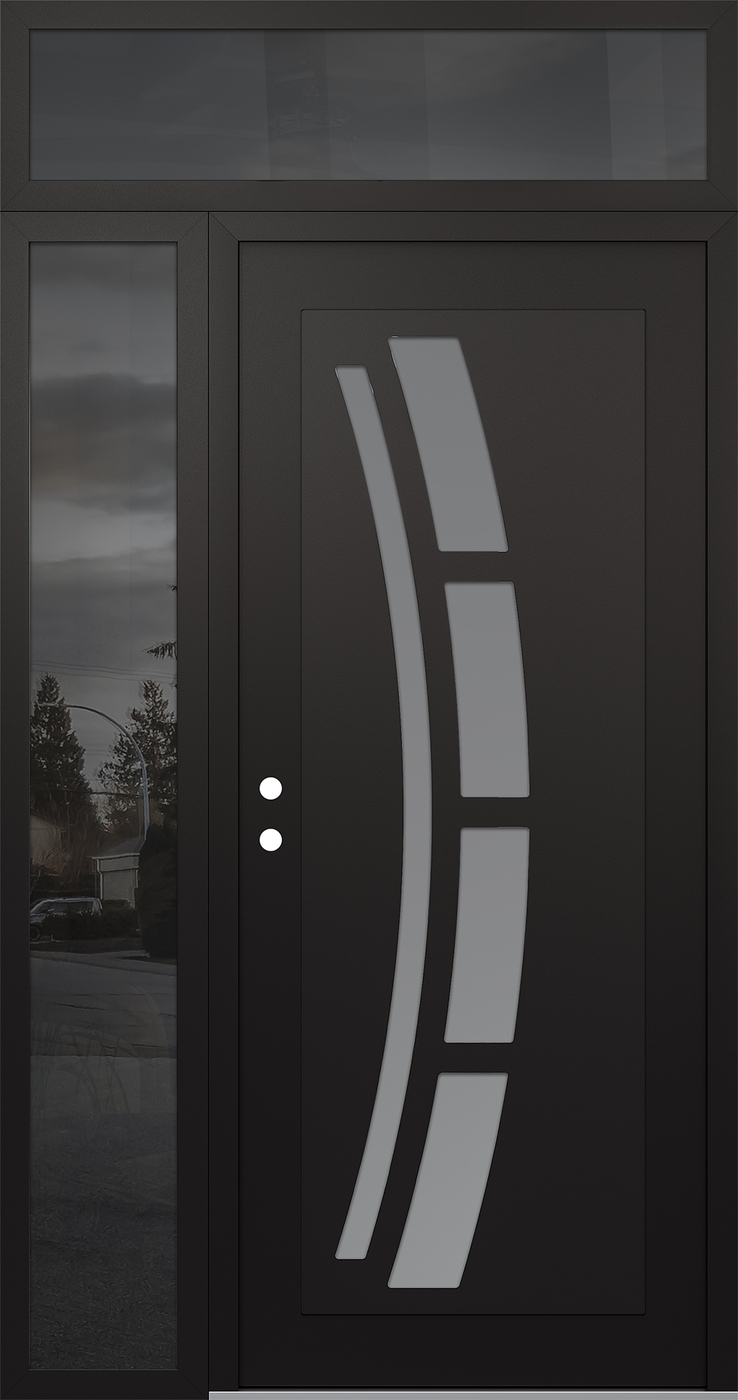 Modern Steel Front Door Diamond C12 50" x 96" black/white frosted Glass Panel black RHI with Sidelite and Transom mirrored Glass