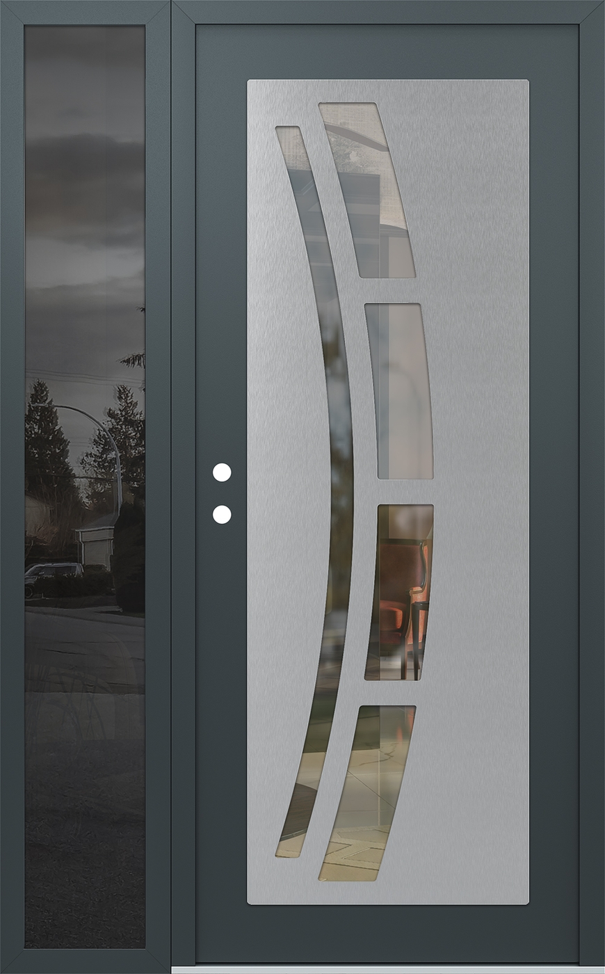 Modern Steel Front Door Diamond C12 52" x 80" anthracite/anthracite clear Glass Panel stainless steel RHI with Sidelite mirrored Glass