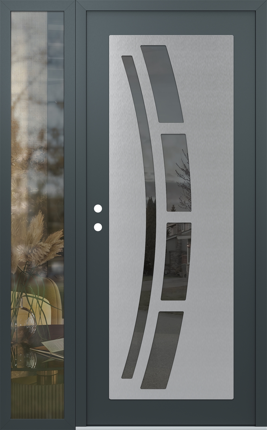 Modern Steel Front Door Diamond C12 52" x 80" anthracite/anthracite mirrored Glass Panel stainless steel RHI with Sidelite clear Glass