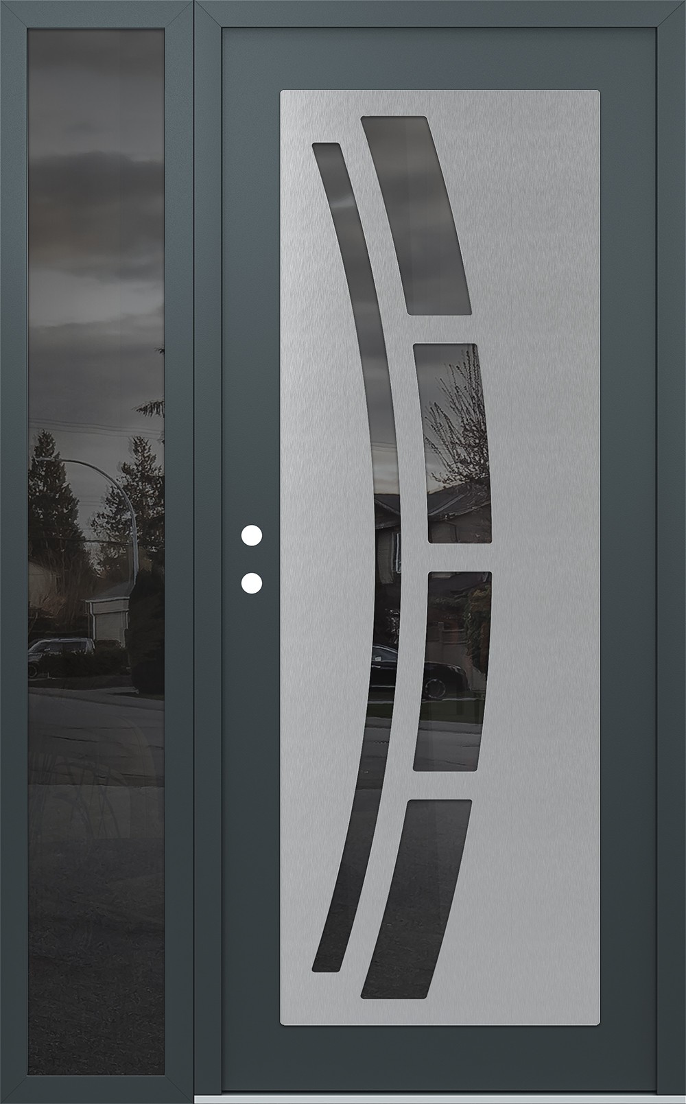 Modern Steel Front Door Diamond C12 52" x 80" anthracite/anthracite mirrored Glass Panel stainless steel RHI with Sidelite mirrored Glass