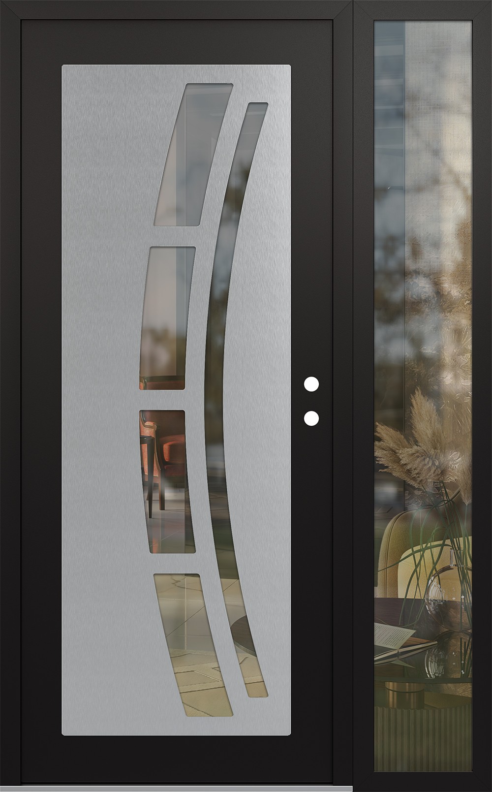 Modern Steel Front Door Diamond C12 52" x 80" black/black clear Glass Panel stainless steel LHI with Sidelite clear Glass