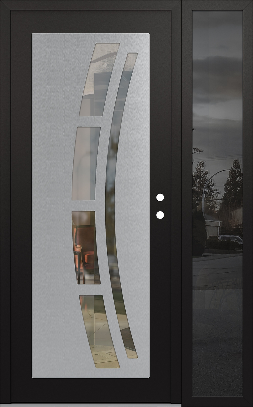 Modern Steel Front Door Diamond C12 52" x 80" black/black clear Glass Panel stainless steel LHI with Sidelite mirrored Glass
