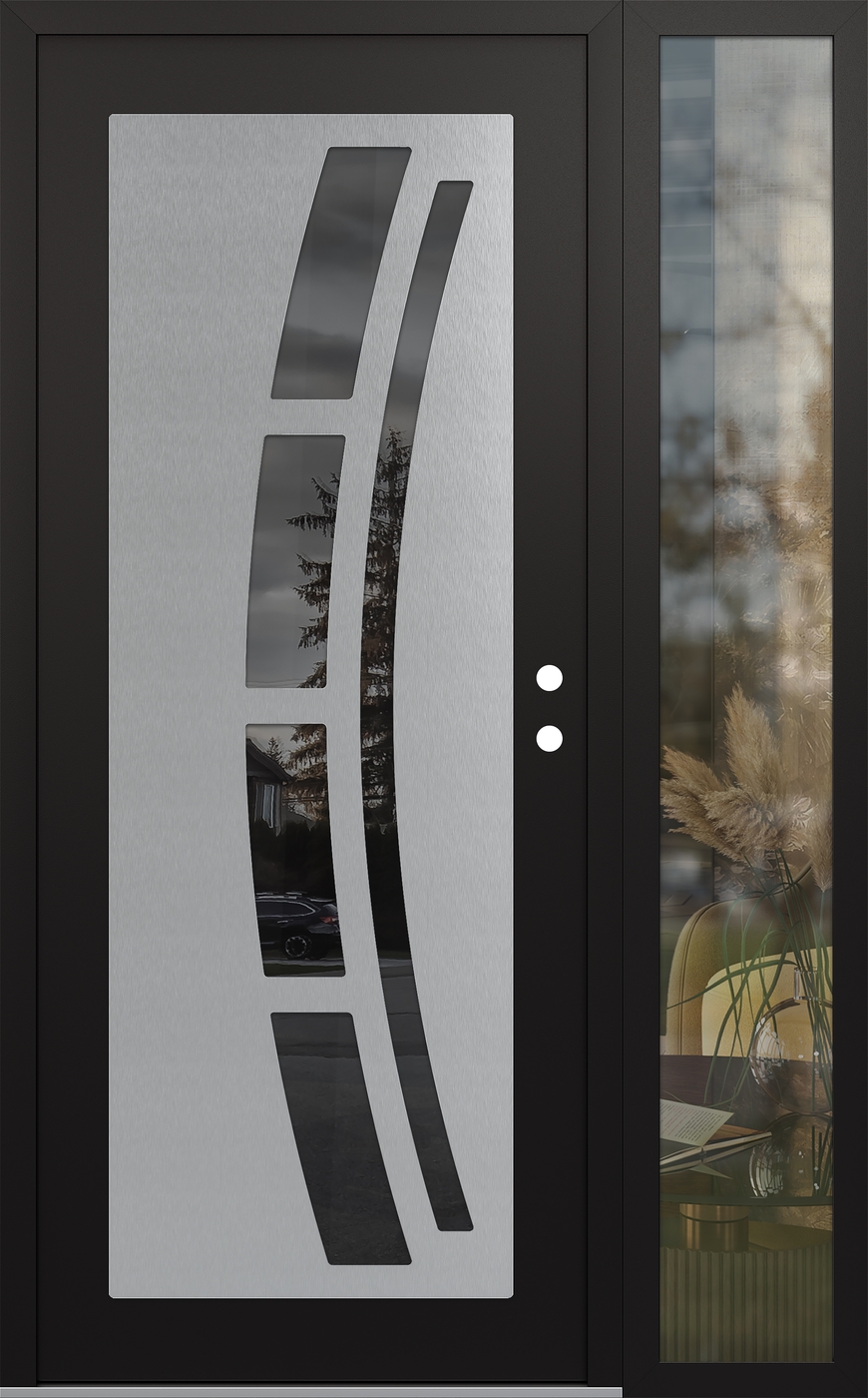 Modern Steel Front Door Diamond C12 52" x 80" black/black mirrored Glass Panel stainless steel LHI with Sidelite clear Glass
