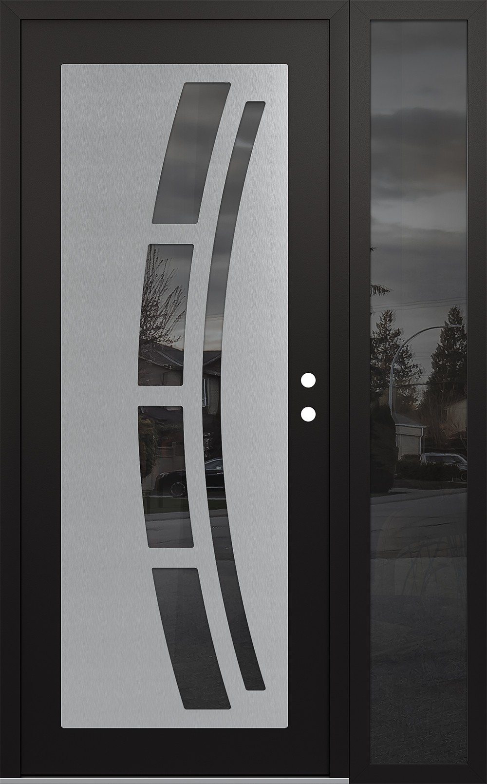 Modern Steel Front Door Diamond C12 52" x 80" black/black mirrored Glass Panel stainless steel LHI with Sidelite mirrored Glass