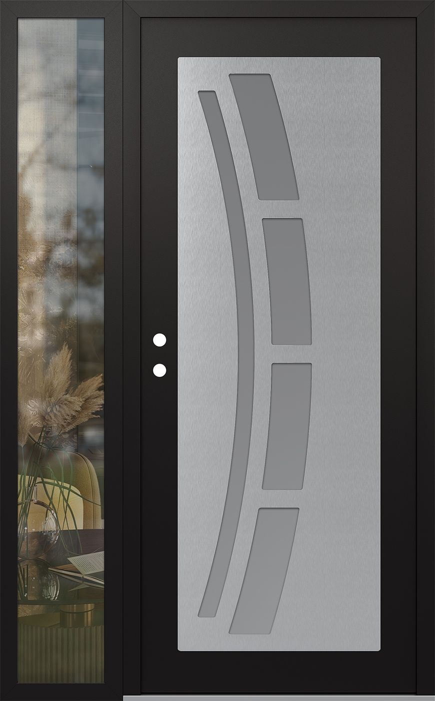 Modern Steel Front Door Diamond C12 52" x 80" black/white frosted Glass Panel stainless steel RHI with Sidelite clear Glass