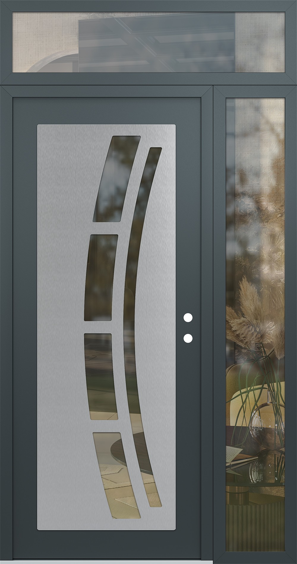 Modern Steel Front Door Diamond C12 52" x 96" anthracite/anthracite clear Glass Panel stainless steel LHI with Sidelite and Transom clear Glass