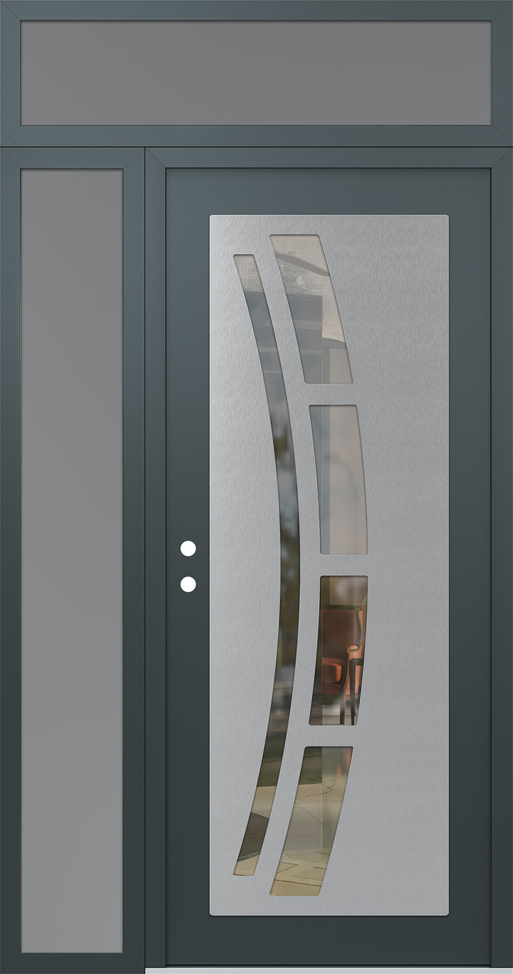 Modern Steel Front Door Diamond C12 52" x 96" anthracite/anthracite clear Glass Panel stainless steel RHI with Sidelite and Transom frosted Glass
