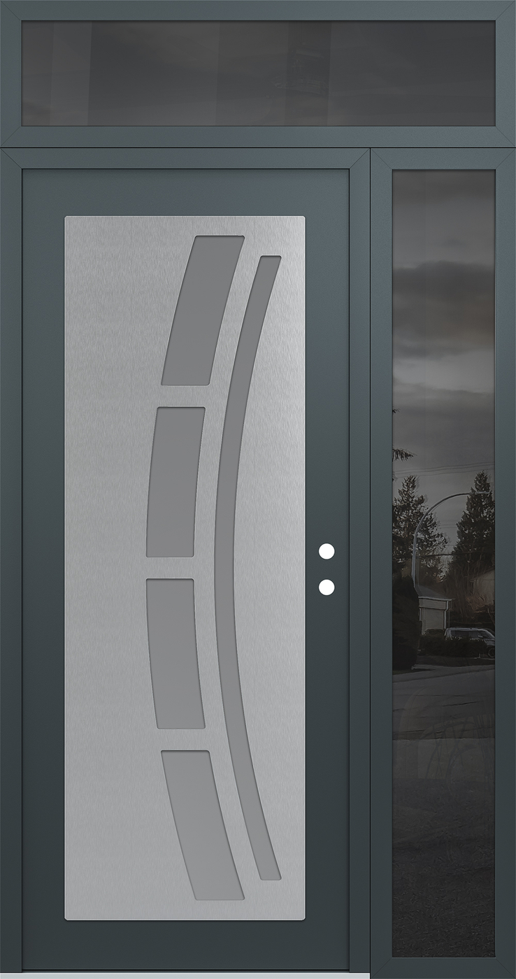 Modern Steel Front Door Diamond C12 52" x 96" anthracite/anthracite frosted Glass Panel stainless steel LHI with Sidelite and Transom mirrored Glass
