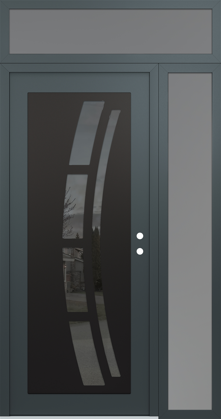 Modern Steel Front Door Diamond C12 52" x 96" anthracite/anthracite mirrored Glass Panel black LHI with Sidelite and Transom frosted Glass