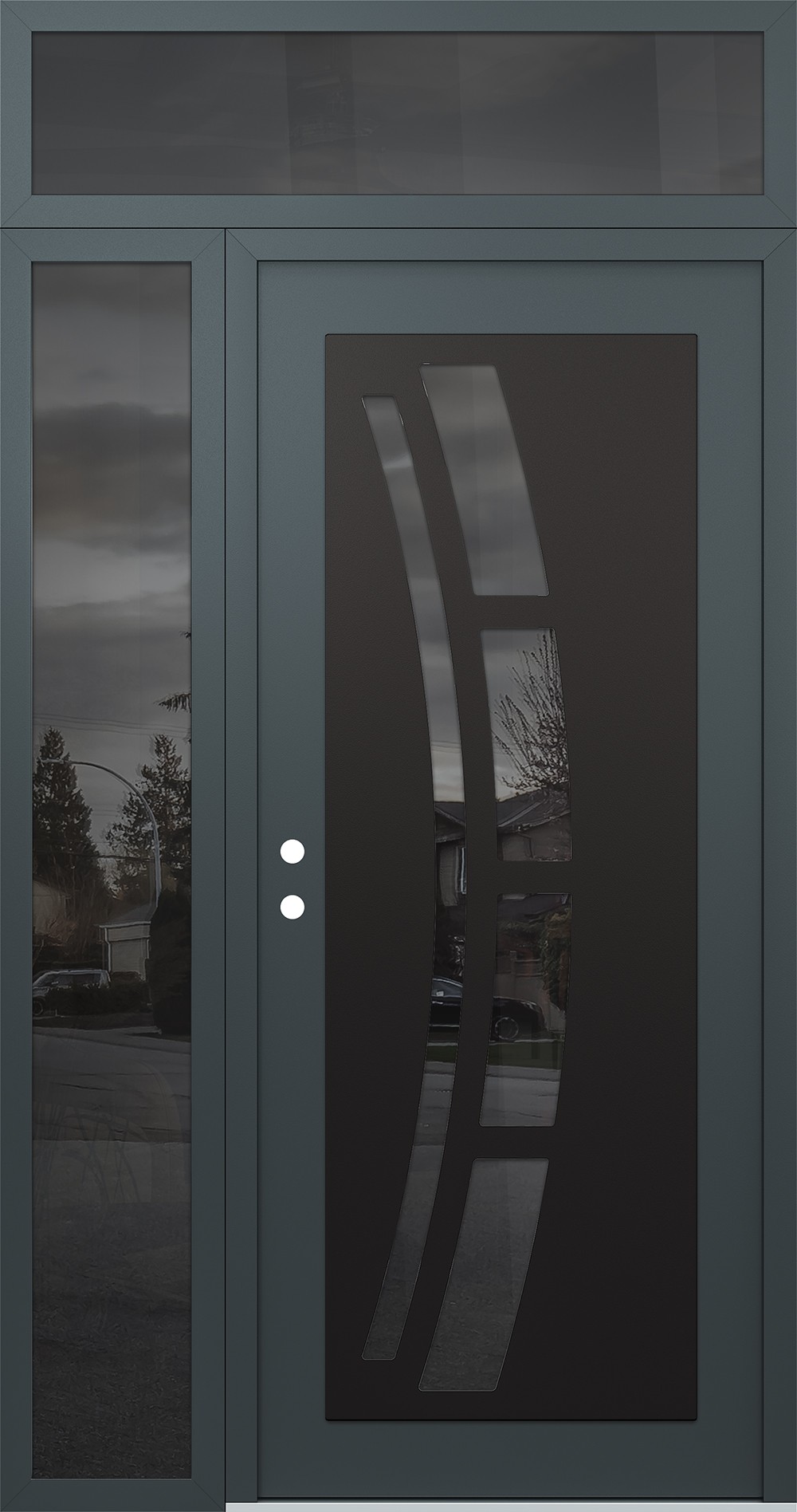 Modern Steel Front Door Diamond C12 52" x 96" anthracite/anthracite mirrored Glass Panel black RHI with Sidelite and Transom mirrored Glass
