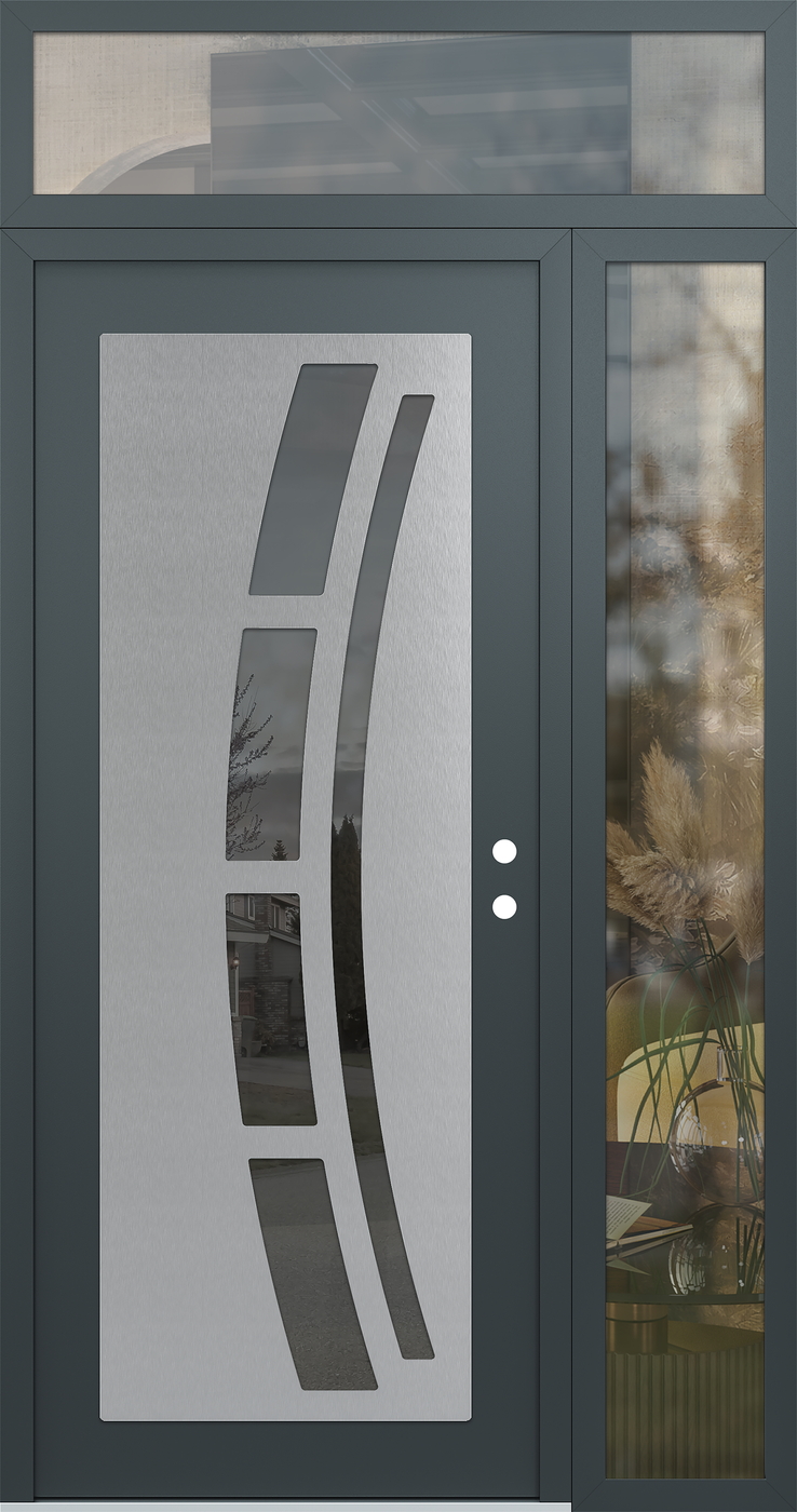 Modern Steel Front Door Diamond C12 52" x 96" anthracite/anthracite mirrored Glass Panel stainless steel LHI with Sidelite and Transom clear Glass