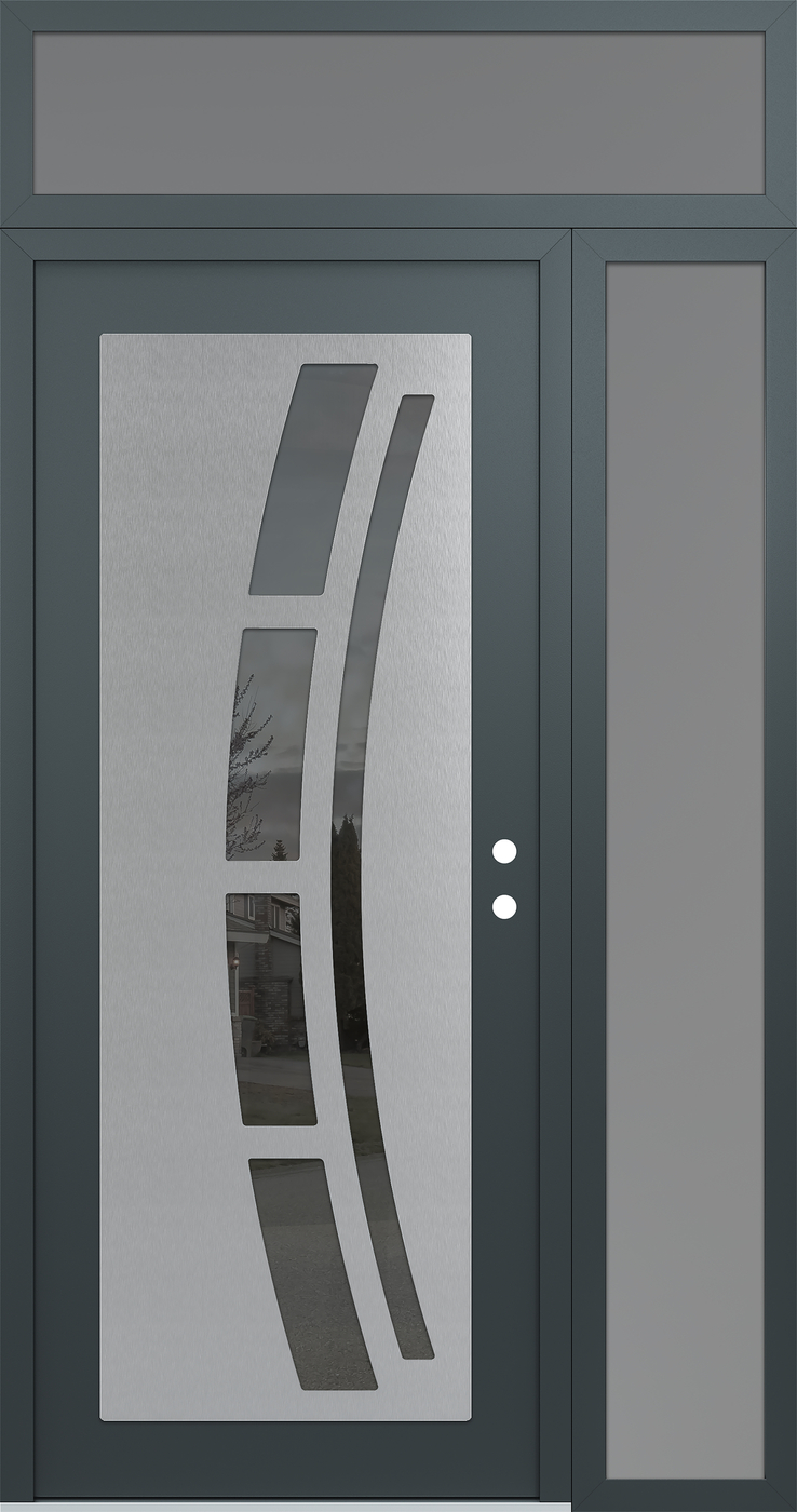 Modern Steel Front Door Diamond C12 52" x 96" anthracite/anthracite mirrored Glass Panel stainless steel LHI with Sidelite and Transom frosted Glass