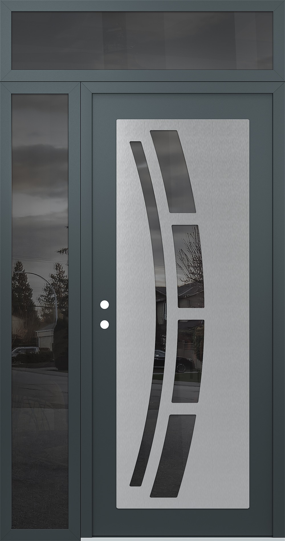 Modern Steel Front Door Diamond C12 52" x 96" anthracite/anthracite mirrored Glass Panel stainless steel RHI with Sidelite and Transom mirrored Glass
