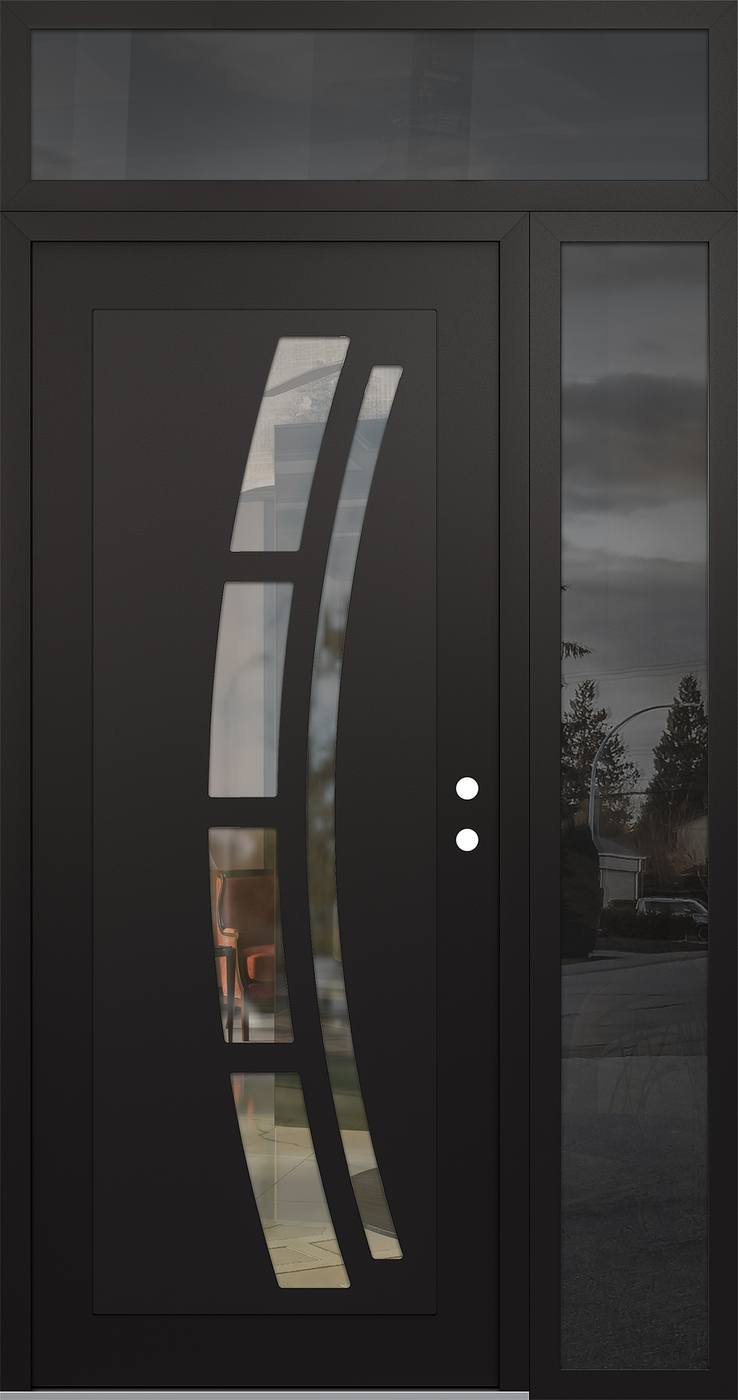 Modern Steel Front Door Diamond C12 52" x 96" black/black clear Glass Panel black LHI with Sidelite and Transom mirrored Glass