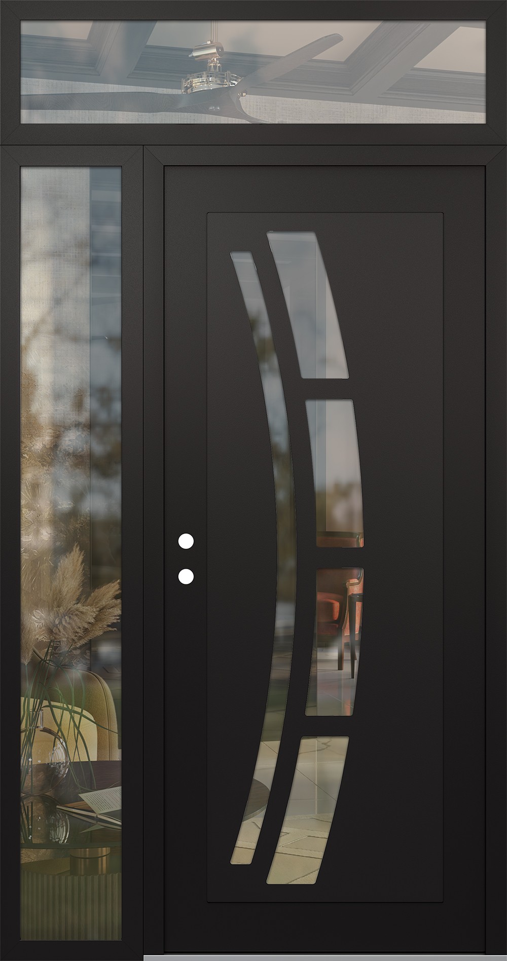 Modern Steel Front Door Diamond C12 52" x 96" black/black clear Glass Panel black RHI with Sidelite and Transom clear Glass