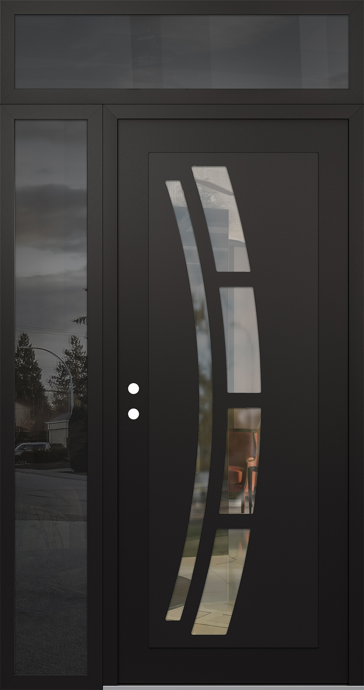 Modern Steel Front Door Diamond C12 52" x 96" black/black clear Glass Panel black RHI with Sidelite and Transom mirrored Glass