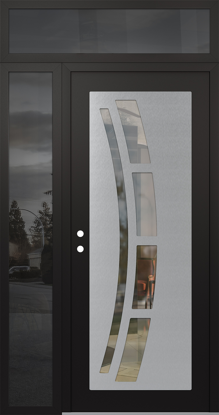 Modern Steel Front Door Diamond C12 52" x 96" black/black clear Glass Panel stainless steel RHI with Sidelite and Transom mirrored Glass