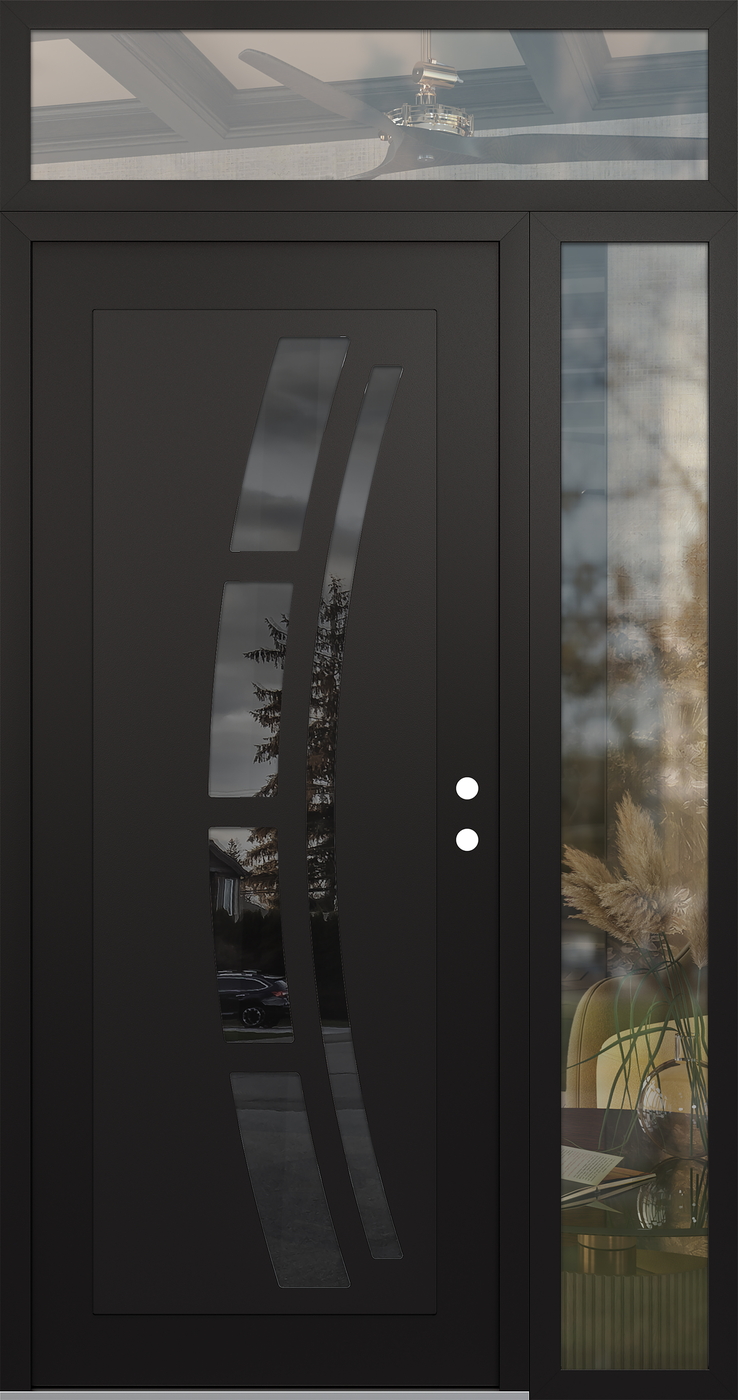 Modern Steel Front Door Diamond C12 52" x 96" black/black mirrored Glass Panel black LHI with Sidelite and Transom clear Glass