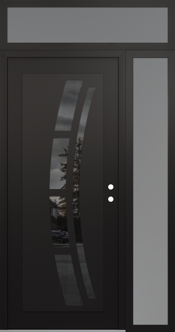 Modern Steel Front Door Diamond C12 52" x 96" black/black mirrored Glass Panel black LHI with Sidelite and Transom frosted Glass
