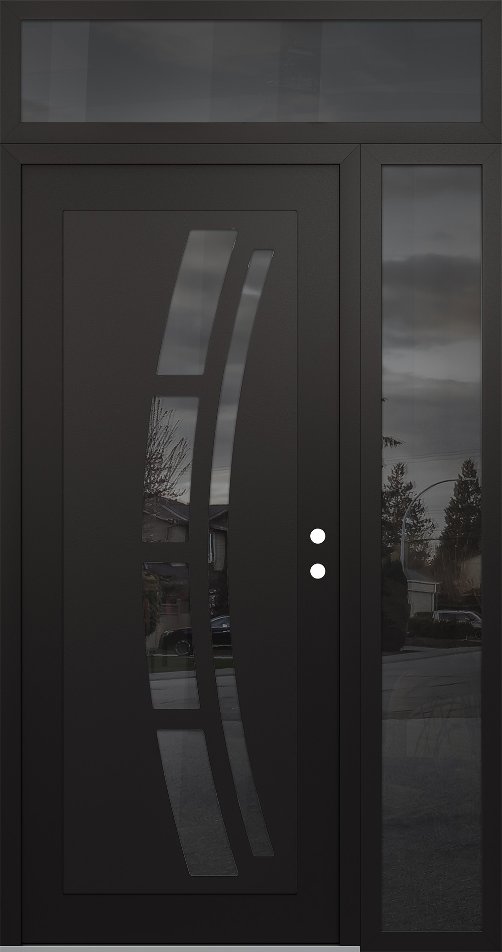 Modern Steel Front Door Diamond C12 52" x 96" black/black mirrored Glass Panel black LHI with Sidelite and Transom mirrored Glass