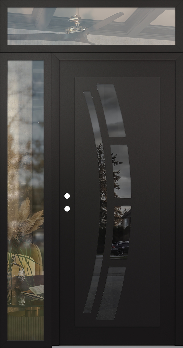 Modern Steel Front Door Diamond C12 52" x 96" black/black mirrored Glass Panel black RHI with Sidelite and Transom clear Glass