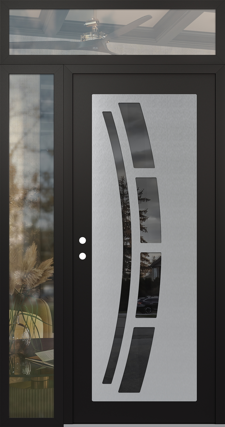 Modern Steel Front Door Diamond C12 52" x 96" black/black mirrored Glass Panel stainless steel RHI with Sidelite and Transom clear Glass