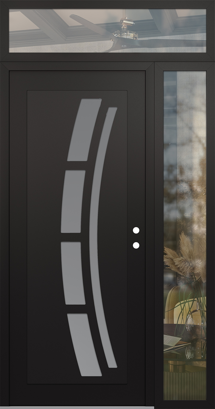 Modern Steel Front Door Diamond C12 52" x 96" black/white frosted Glass Panel black LHI with Sidelite and Transom clear Glass