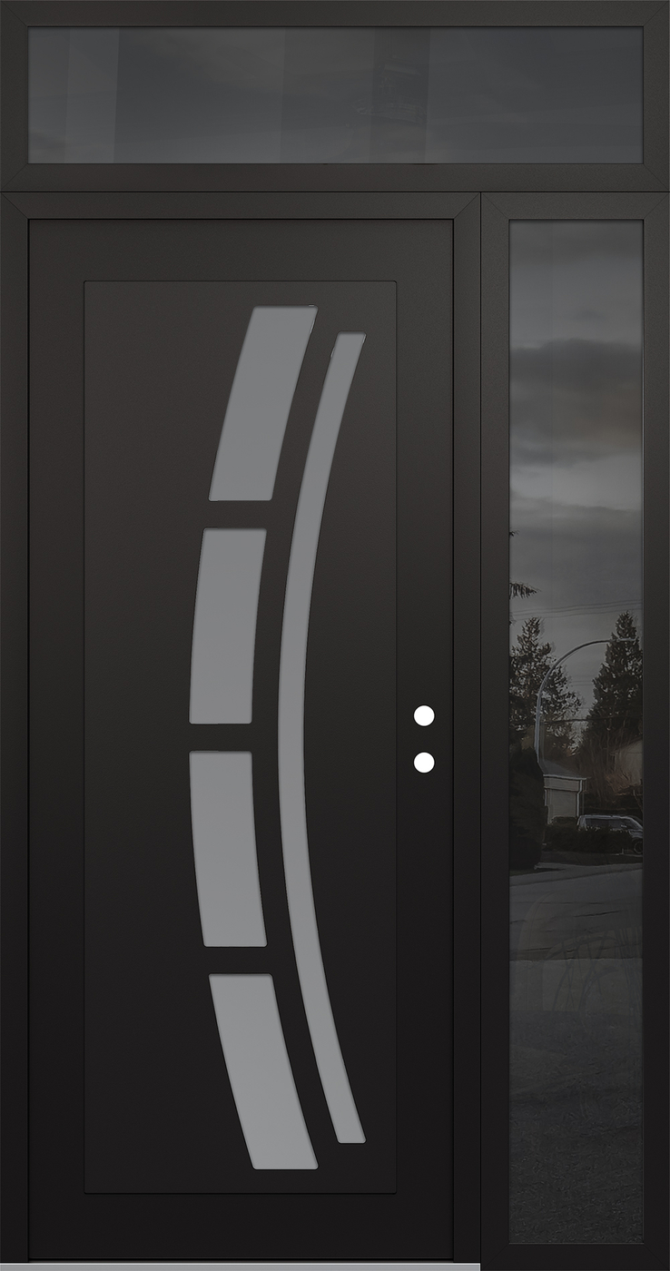 Modern Steel Front Door Diamond C12 52" x 96" black/white frosted Glass Panel black LHI with Sidelite and Transom mirrored Glass