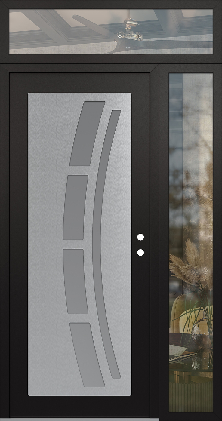 Modern Steel Front Door Diamond C12 52" x 96" black/white frosted Glass Panel stainless steel LHI with Sidelite and Transom clear Glass