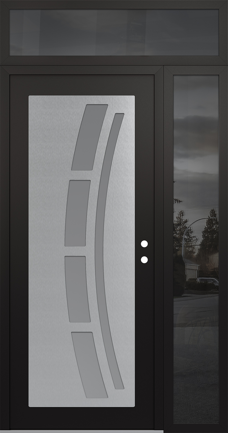 Modern Steel Front Door Diamond C12 52" x 96" black/white frosted Glass Panel stainless steel LHI with Sidelite and Transom mirrored Glass