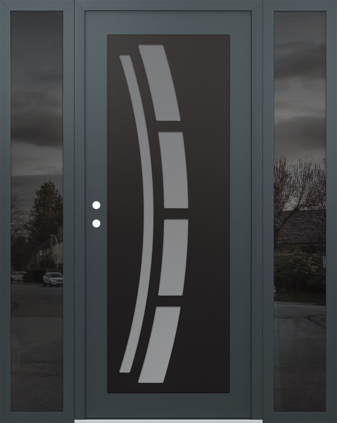 Modern Steel Front Door Diamond C12 60" x 80" anthracite/anthracite frosted Glass Panel black RHI with 2 Sidelites mirrored Glass