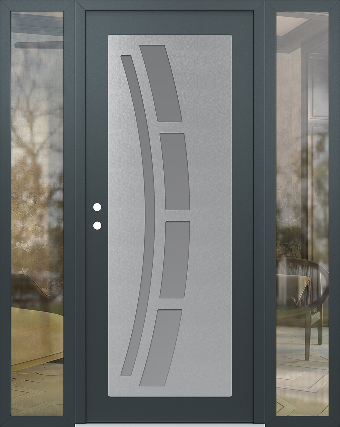 Modern Steel Front Door Diamond C12 60" x 80" anthracite/anthracite frosted Glass Panel stainless steel RHI with 2 Sidelites clear Glass