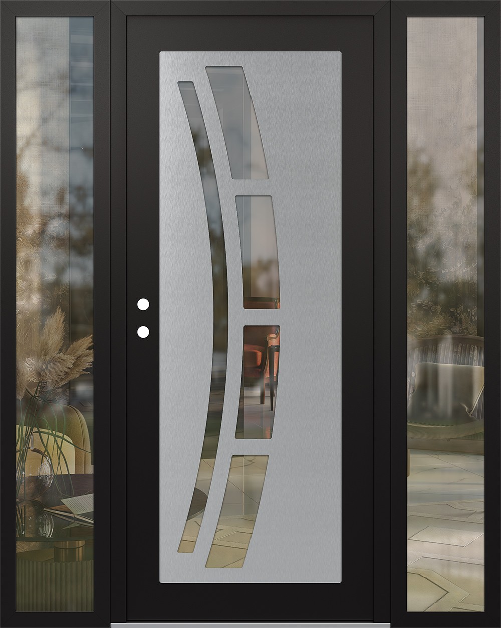 Modern Steel Front Door Diamond C12 60" x 80" black/black clear Glass Panel stainless steel RHI with 2 Sidelites clear Glass