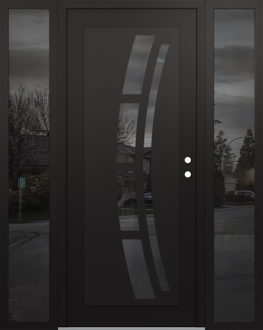 Modern Steel Front Door Diamond C12 60" x 80" black/black mirrored Glass Panel black LHI with 2 Sidelites mirrored Glass