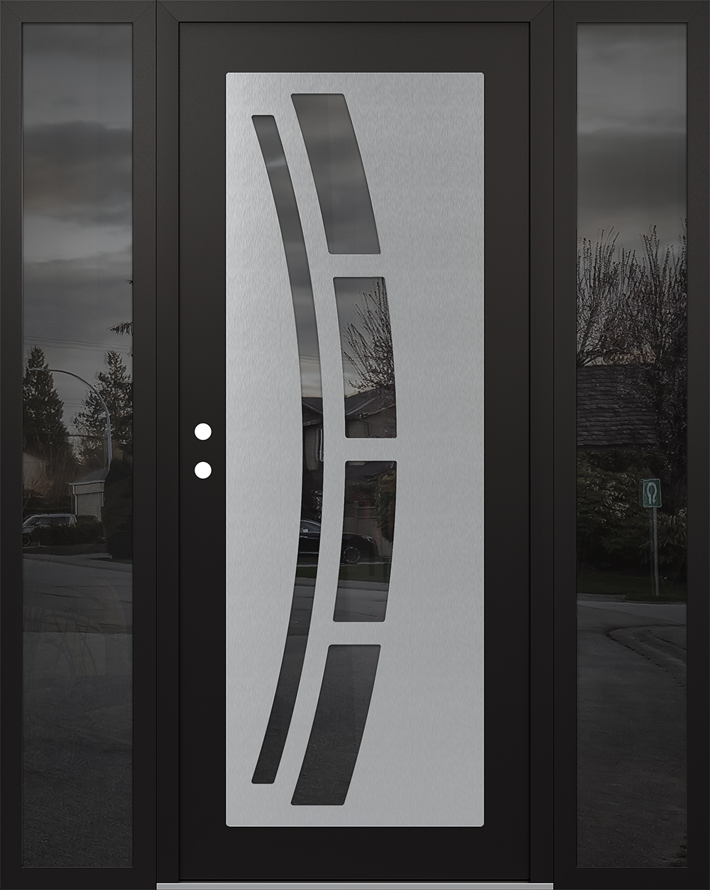 Modern Steel Front Door Diamond C12 60" x 80" black/black mirrored Glass Panel stainless steel RHI with 2 Sidelites mirrored Glass