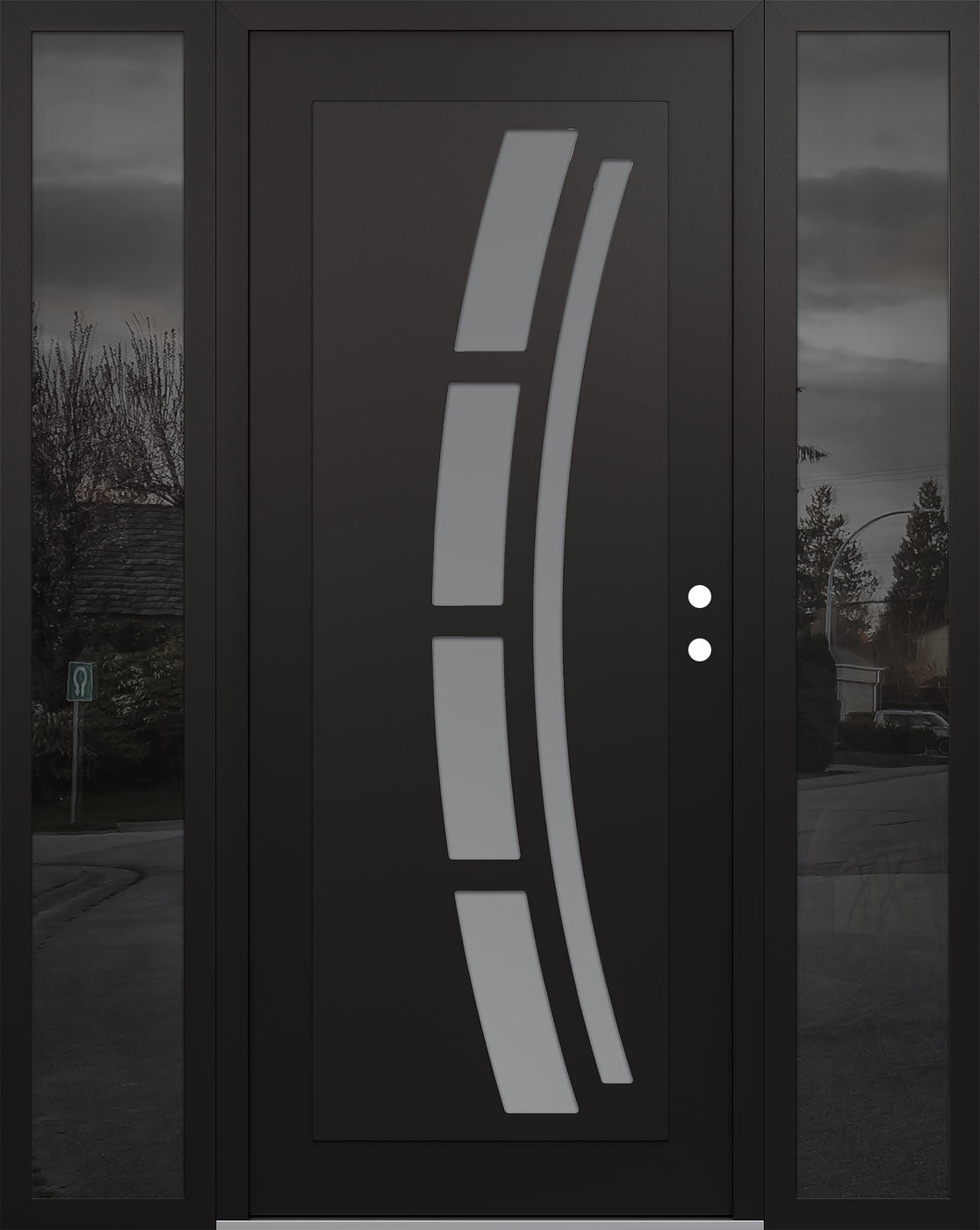 Modern Steel Front Door Diamond C12 60" x 80" black/white frosted Glass Panel black LHI with 2 Sidelites mirrored Glass