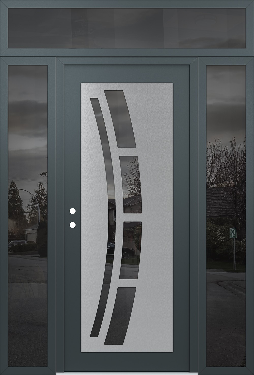 Modern Steel Front Door Diamond C12 60" x 96" anthracite/anthracite mirrored Glass Panel stainless steel RHI with 2 Sidelites and Transom mirrored Glass