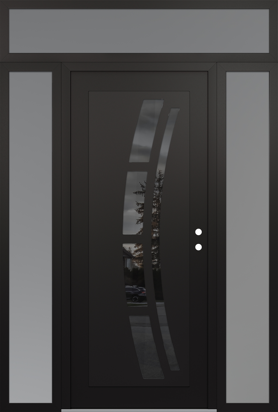 Modern Steel Front Door Diamond C12 60" x 96" black/black mirrored Glass Panel black LHI with 2 Sidelites and Transom frosted Glass