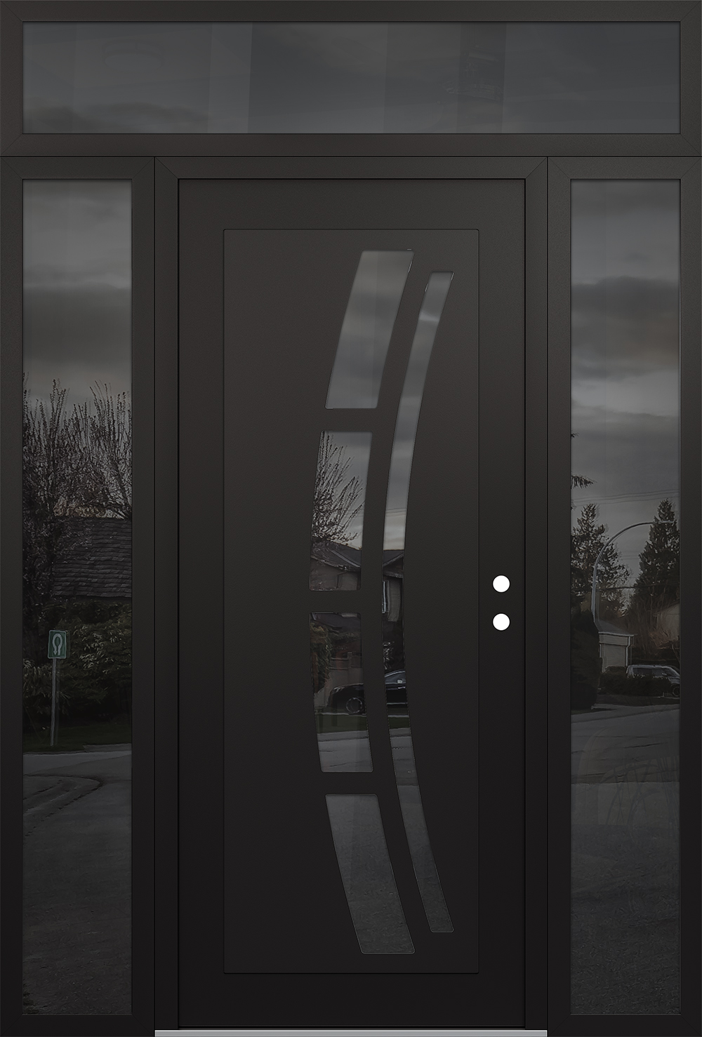 Modern Steel Front Door Diamond C12 60" x 96" black/black mirrored Glass Panel black LHI with 2 Sidelites and Transom mirrored Glass