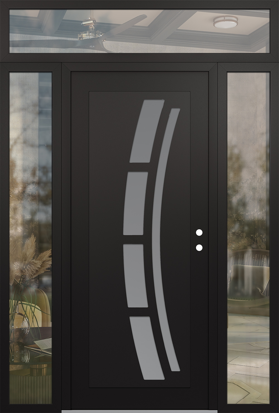 Modern Steel Front Door Diamond C12 60" x 96" black/white frosted Glass Panel black LHI with 2 Sidelites and Transom clear Glass