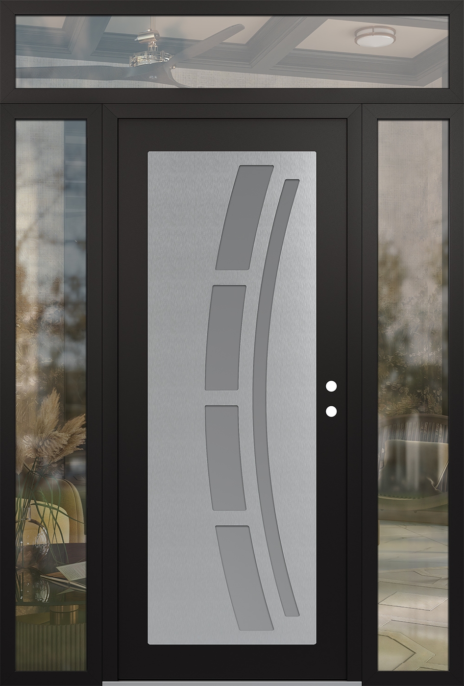 Modern Steel Front Door Diamond C12 60" x 96" black/white frosted Glass Panel stainless steel LHI with 2 Sidelites and Transom clear Glass