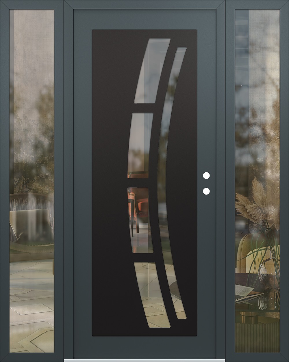 Modern Steel Front Door Diamond C12 64" x 80" anthracite/anthracite clear Glass Panel black LHI with 2 Sidelites clear Glass